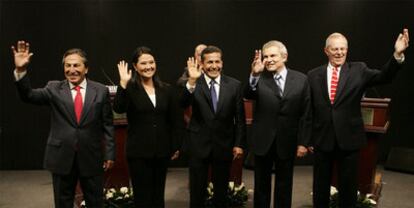 From left, candidates Toledo, Fujimori, Humala, Castañeda and Kuczynski seen before Sunday night's debate in Lima.