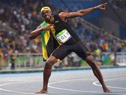 Usain Bolt celebra vitória.