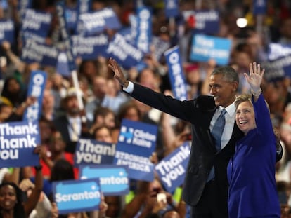 Barack Obama and Hillary Clinton work the crowd in Philadelphia.
