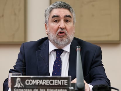 El presidente del Consejo Superior de Deportes (CSD), José Manuel Rodríguez Uribes, este martes en la Comisión de Educación, Formación Profesional y Deportes en el Congreso.