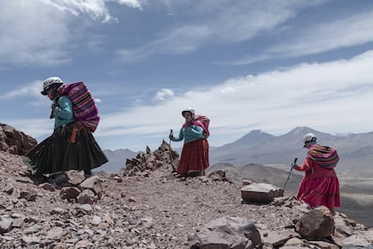 Tres indígenas Aymara recorren el Nevado Sajama, en Oruro (Bolivia). 