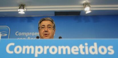 El presidente del PP andaluz, Juan Ignacio Zoido, durante la conferencia de prensa de esta mañana.