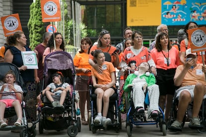 Miembros de la Plataforma Estatal de Cuidadoras Principales con sus hijos este miércoles en Madrid.