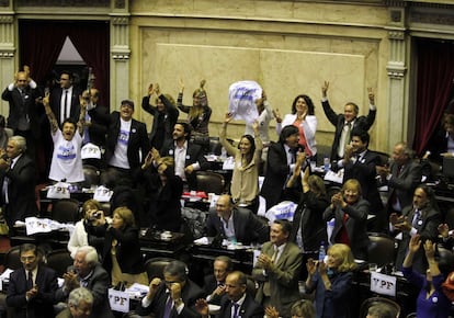 Parlamentarios celebran el resultado de la votación, con 207 votos a favor de la expropiación y 32 en contra.