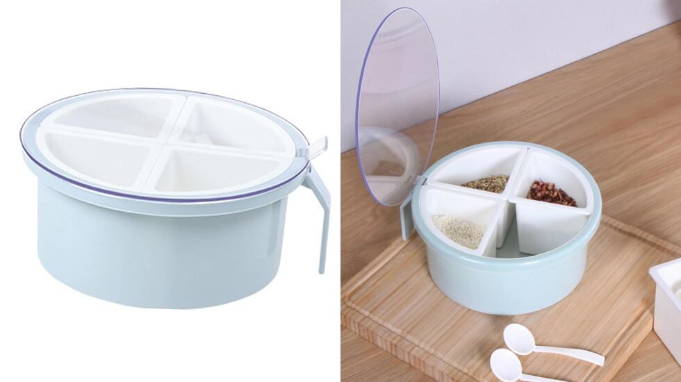 Caja redondeada para almacenar varios condimentos de cocina.