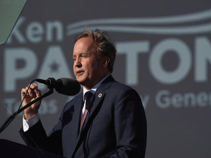 Texas Attorney General Ken Paxton speaks ahead of a rally held by former U.S. President Donald Trump, in Robstown, Texas, U.S., October 22, 2022.