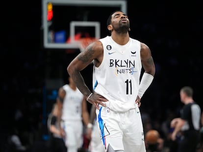 Brooklyn Nets' Kyrie Irving reacts during the second half of the team's NBA basketball game against the Detroit Pistons Thursday, Jan. 26, 2023 in New York.