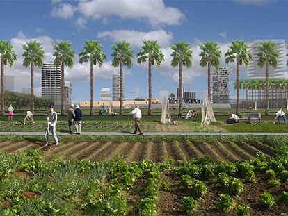 Simulación por ordenador del barrio Sociópolis con la huerta integrada como espacio público.