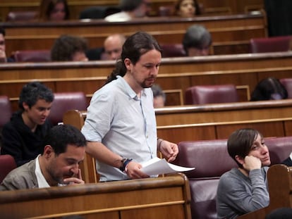 O líder do Podemos, Pablo Iglesias, no Congresso espanhol.