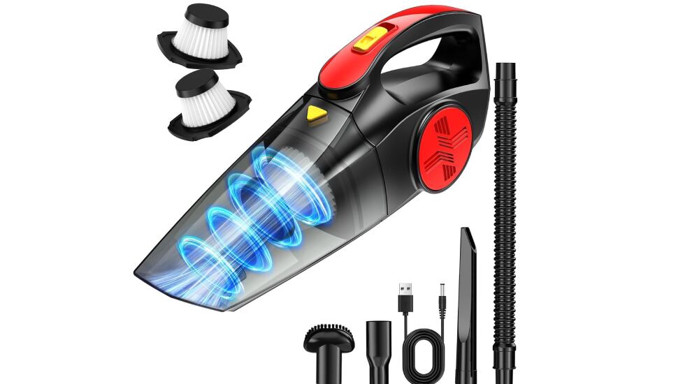 Aspirador de mano inalámbrico con tres accesorios.