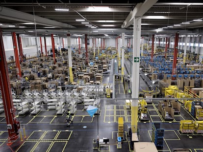 General view of the interior of the Amazon Logistics Center facilities, as of April 1, 2022, in Alcala de Henares, Madrid, Spain.