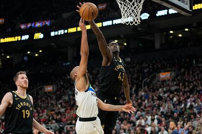 Toronto Raptors forward Pascal Siakam (43) blocks a shot by Minnesota Timberwolves guard Jordan McLaughlin (6) during the first half at Scotiabank Arena.