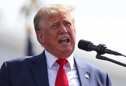 Donald Trump speaks during a 2024 presidential election campaign event at Sportsman Boats in Summerville, South Carolina, on September 25, 2023.