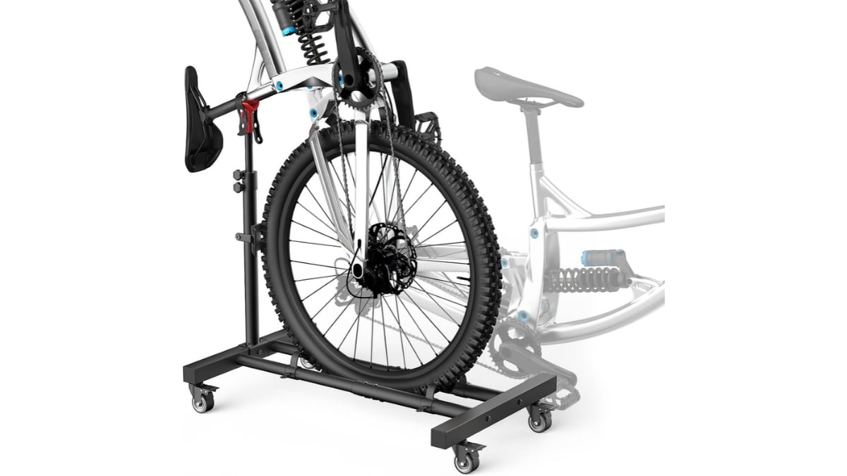 Soporte de suelo con ruedas para guardar la bicicleta.