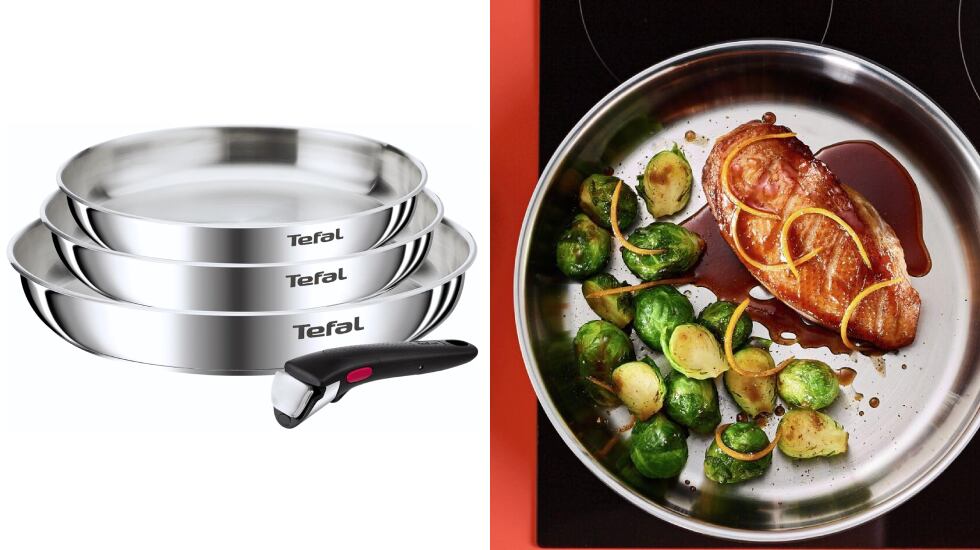 Tres sartenes de acero inoxidable Tefal Ingenio.