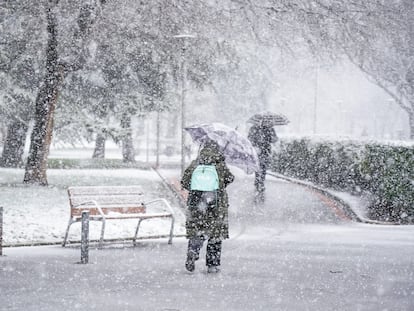 Una mujer se protege de la nieve con un paraguas en Vitoria-Gasteiz, este martes en Vitoria.