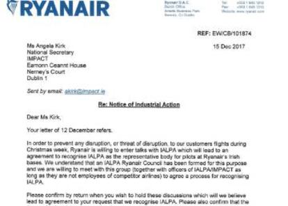 Carta enviada esta mañana por Ryanair al sindicato irlandés de pilotos IALPA abriéndose al diálogo para evitar la huelga.