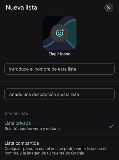 Google Maps opciones de Lista