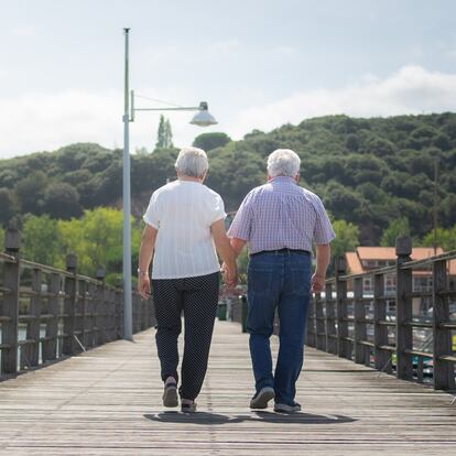 An endearing photograph capturing the pure joy of an elderly couple strolling along the marina boardwalk during their blissful vacation days