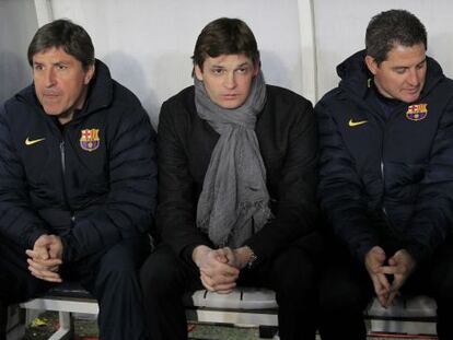 Vilanova, junto al resto de cuerpo técnico, en el encuentro contra el PSG.