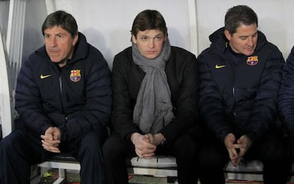 Vilanova, junto al resto de cuerpo técnico, en el encuentro contra el PSG.