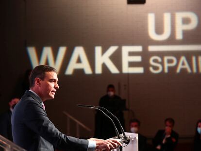 El presidente del Gobierno, Pedro Sánchez, durante su discurso en 'Wake up Spain!', este lunes.