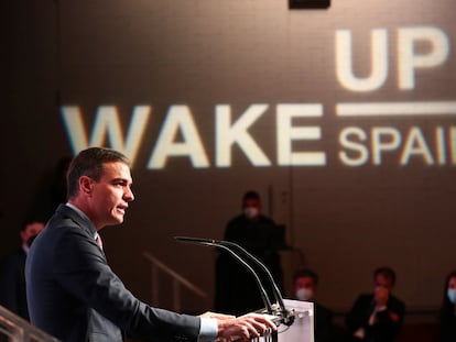 El presidente del Gobierno, Pedro Sánchez, durante su discurso en 'Wake up Spain!', este lunes.