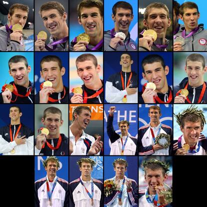 Una combinación de fotos de Phelps con sus 22 medallas de oro.
