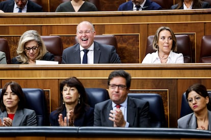 El portavoz del Partido Popular, Miguel Tellado, y la diputada del PP, Cuca Gamarra, reaccionan este miércoles en el pleno del Congreso.