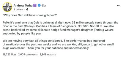 Reprodução de tela de post de Torba na rede social Gab.