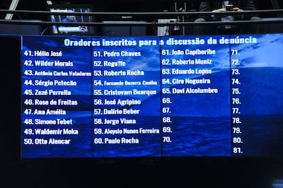 Painel no plenário do Senado mostra a relação de parlamentares inscritos para falar durante o julgamento sobre o impeachment de Dilma. Fase de debates e discursos deve durar várias horas. 