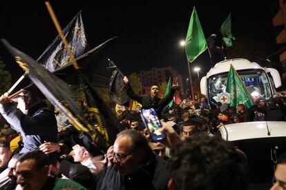 A group of Palestinians celebrates the return to Ramallah of prisoners released by Israel in the early hours of Friday, December 1.