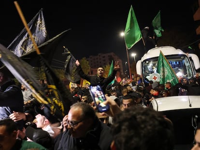 A group of Palestinians celebrates the return to Ramallah of prisoners released by Israel in the early hours of Friday, December 1.