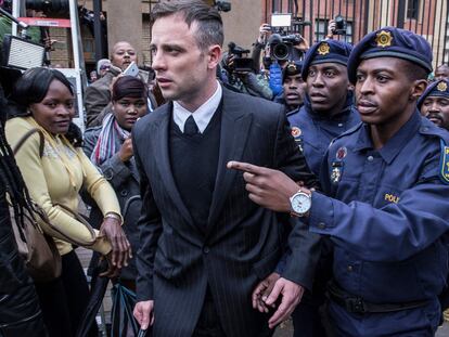 South African Paralympian Oscar Pistorius leaves the high court in Pretoria, on June 14, 2016.