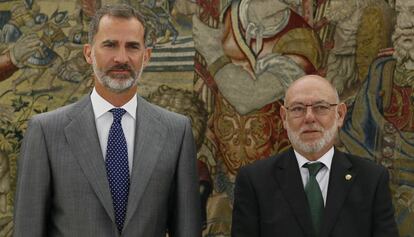 El Rei Felip VI i el Fiscal General de l'Estat, José Manuel Maza, en l'obertura de l'any judicial d'aquest dimarts.