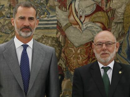 El Rei Felip VI i el Fiscal General de l'Estat, José Manuel Maza, en l'obertura de l'any judicial d'aquest dimarts.