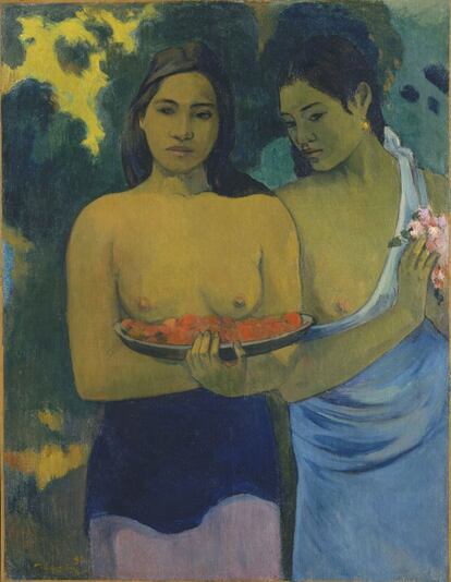 La muestra del Thyssen tiene como hilo conductor la huida de Paul Gauguin a Tahití, a mundos supuestamente más auténticos. Allí retrató a los habitantes de la isla, como en 'Dos mujeres haitianas', y sus paisajes.
