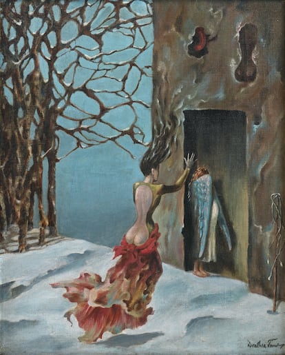 Dorothea Tanning Costumbres españolas, 1943 Óleo sobre lienzo 25,4 x 20,3 cm The 31 Women Collection © The estate of Dorothéa Tanning, VEGAP, Madrid, 2024 © 2022-2024 JPS Artworks LLC