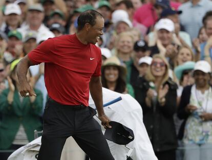 La reacción de Tiger Woods tras ganar el Masters de Augusta.