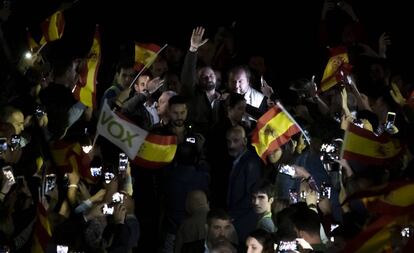 El líder de Vox, Santiago Abascal, este miércoles durante un mitin celebrado en Dos Hermanas, Sevilla.