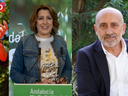 Los tres candidatos en primarias para concurrir por el PSOE a la presidencia de la Junta de Andalucía: Juan Espadas, Susana Díaz y Luis Ángel Hierro.