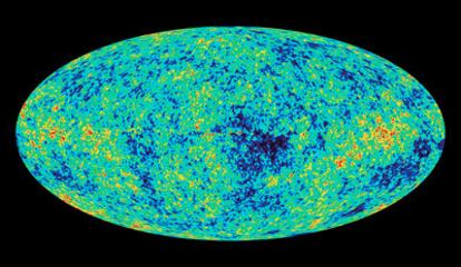 Diferencias en la temperatura de la radiación cósmica de fondo. Las manchas de color rojo representan regiones de temperatura más caliente que el promedio, mientras que las de color azul son regiones de temperatura más fría que el promedio.