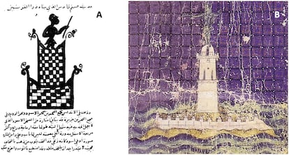 A la izquierda, representación de la torre en la Biblioteca Nacional de Francia. A la derecha, la misma construcción en la 'General Estoria' de Alfonso X el Sabio, en el monasterio del Escorial.