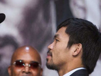 Floyd Mayweather y Manny Pacquiao, en una de las presentaciones de la pelea en Las Vegas