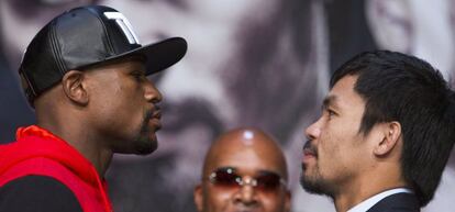 Floyd Mayweather y Manny Pacquiao, en una de las presentaciones de la pelea en Las Vegas