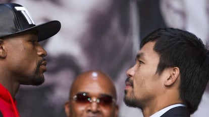 Floyd Mayweather y Manny Pacquiao, en una de las presentaciones de la pelea en Las Vegas