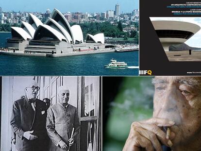 Arriba, el Auditorio de Sidney, de Utzon. Al lado, portada del DVD de Niemeyer. Debajo, Le Corbusier en la India con Nehru. Al lado, Oscar Niemeyer.