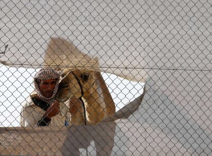 Detalle de un hombre saudí y su camello durante el Mazayin Dhafra Camel Festival.