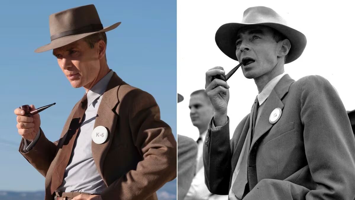 El actor irlandés Cillian Murphy como Robert Oppenheimer (d), quien aparece fotografiado en el rancho de Nuevo México donde se probó la bomba atómica en septiembre de 1945. Foto: MELINDA SUE GORDON (AP)