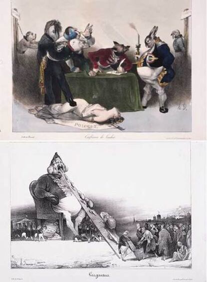 Abajo, <i>Gargantúa</i> (1831). Arriba, en la <i>Conferencia de Londres</i> (1832), Polonia es la mujer; Prusia, un caballo; Rusia, un oso; Austria, un mono; Inglaterra, un zorro; Francia, una liebre; Bélgica, un pavo, y Holanda, un perro.